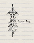 Aquarius sword tattoo stencil digital preview showing full neotribal blade with clouds, stars and Aquarius text detail in center. 