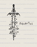 Aquarius sword tattoo stencil digital preview showing full neotribal blade with clouds, stars and Aquarius text detail in center. 