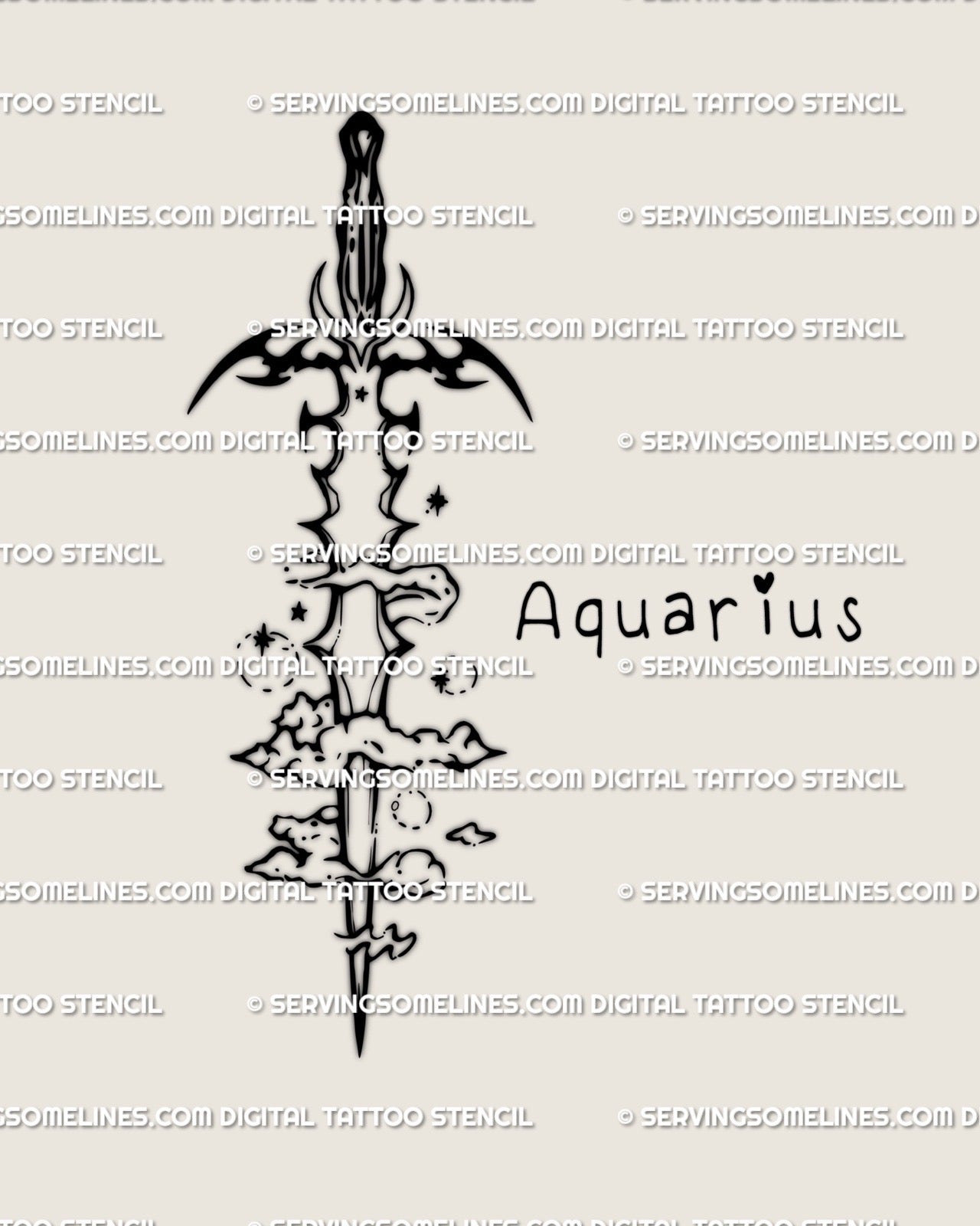 Aquarius sword tattoo stencil digital preview showing full neotribal blade with clouds, stars and Aquarius text detail in center. 