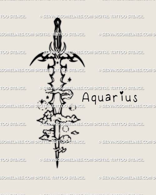 Aquarius sword tattoo stencil digital preview showing full neotribal blade with clouds, stars and Aquarius text detail in center. 