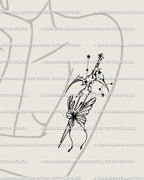 Aquarius zodiac sword tattoo on woman’s arm, butterfly blade and celestial dagger art with airy cosmic energy. 