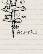 Close-up of digital Aquarius sword tattoo stencil showing blade tip with Aquarius glyph detail and subtle cosmic cloud engraving lines.