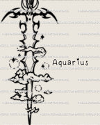 Aquarius sword tattoo stencil digital preview highlighting the Aquarius lettering near blade handle with cosmic blackwork cloud patterns.