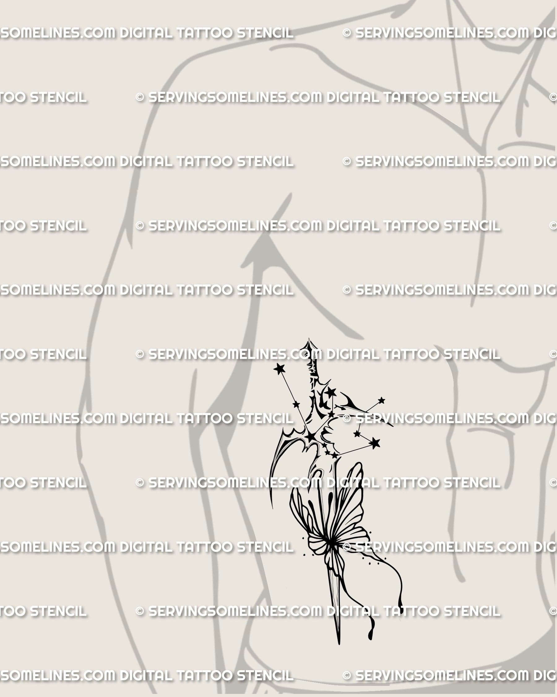 Cybersigilism zodiac dagger tattoo placed on man’s side stomach, Aquarius constellation sword symbolizing freedom. 