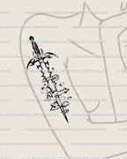 Digital tattoo stencil preview showing Aquarius sword tattoo on women’s arm, bold vertical flow with airy tribal stars and wave motifs.