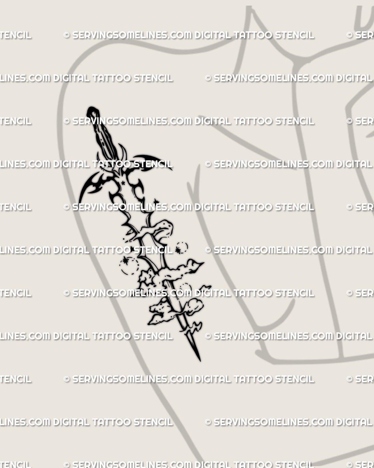 Digital tattoo stencil preview showing Aquarius sword tattoo on women’s arm, bold vertical flow with airy tribal stars and wave motifs.