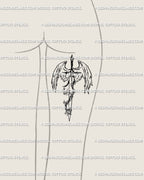 Archangel sword tattoo flash placed on the back of the thigh; sharp wings and vertical blade, bold but streamlined for clean application.