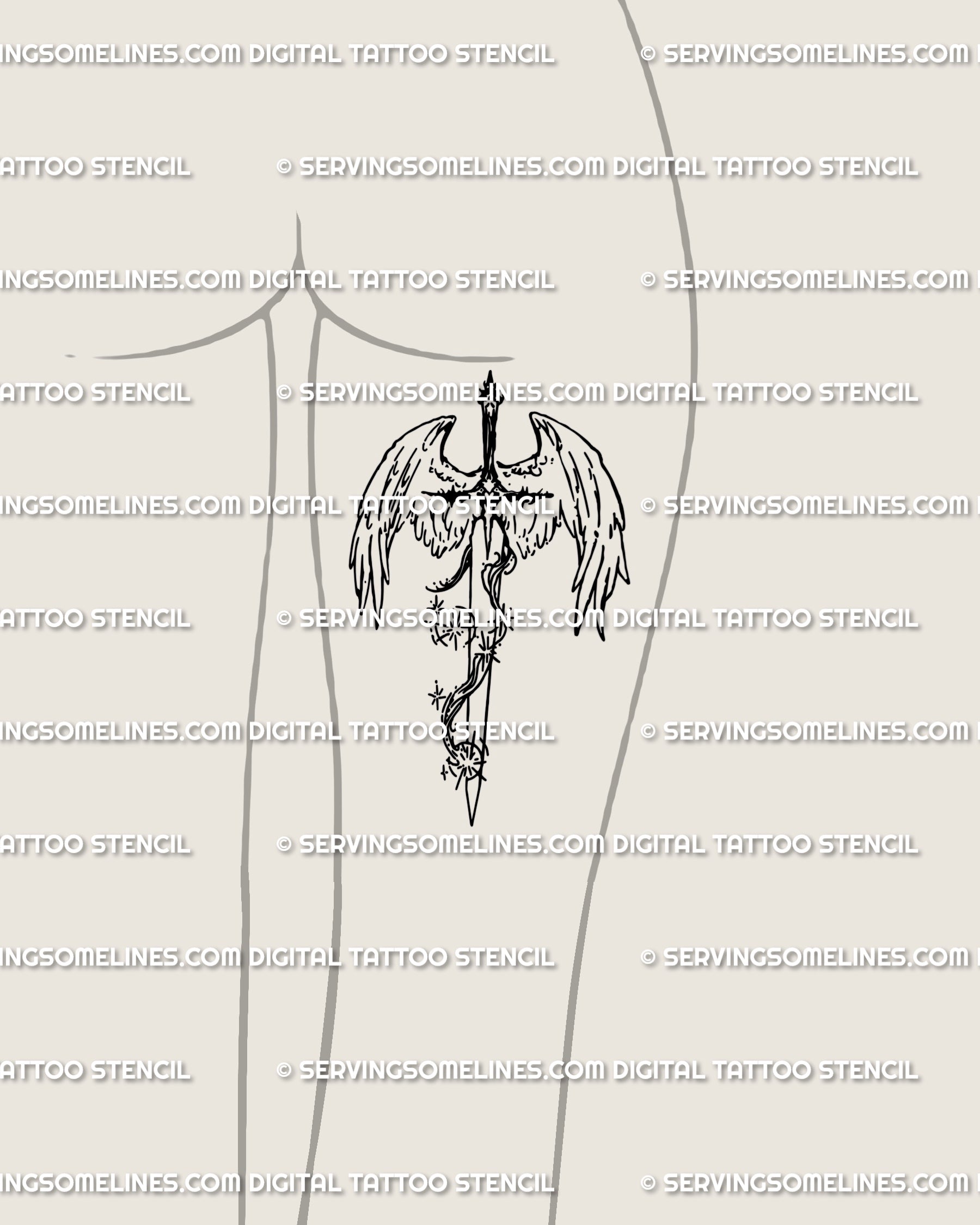 Archangel sword tattoo flash placed on the back of the thigh; sharp wings and vertical blade, bold but streamlined for clean application.