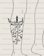 Archangel weapon tattoo design shown on the lower leg, flowing vertical placement that feels protective, spiritual, and gothic at once.