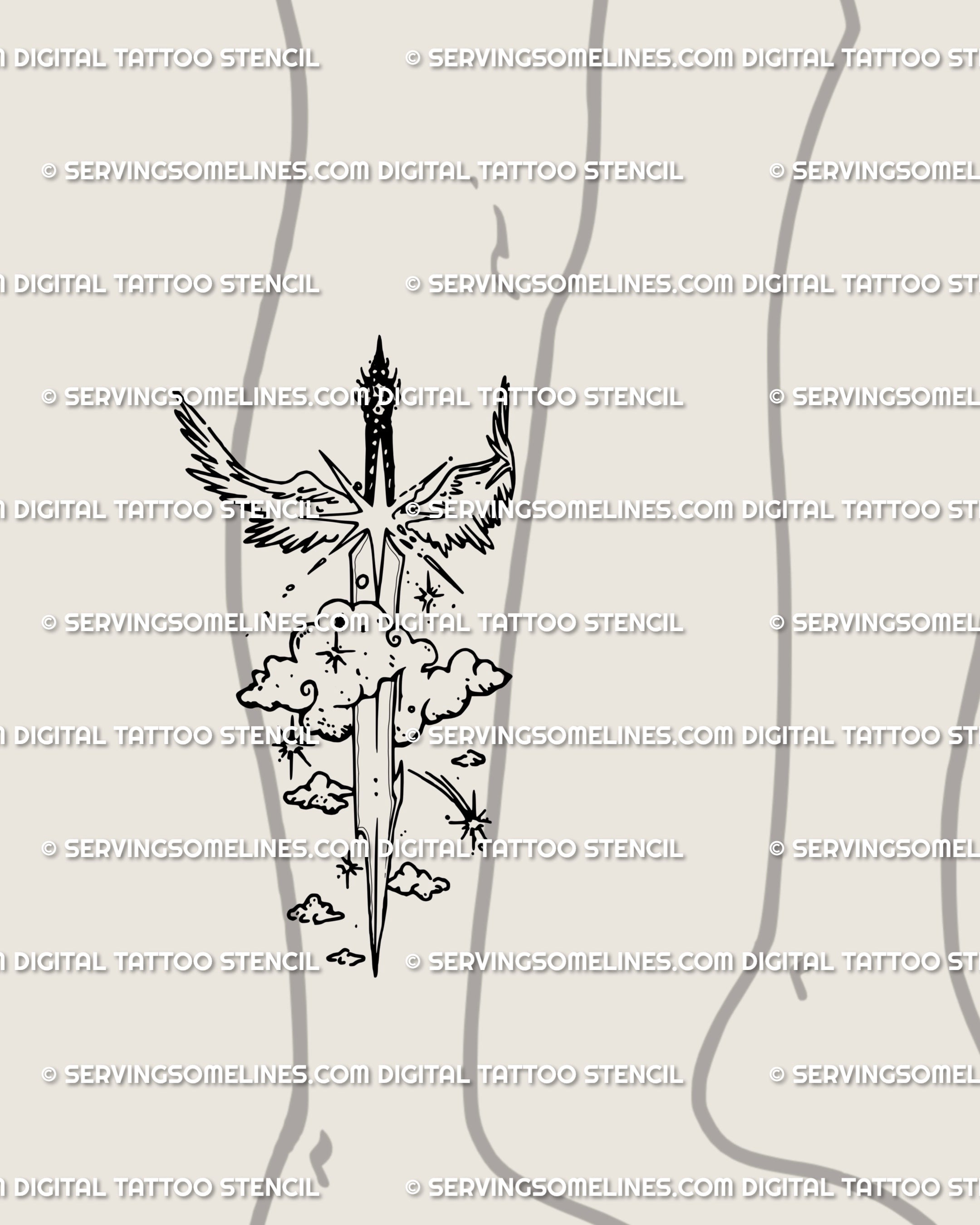 Archangel weapon tattoo design shown on the lower leg, flowing vertical placement that feels protective, spiritual, and gothic at once.