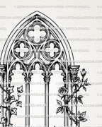 Close preview of arched church window tattoo with gothic tracery, open panels, climbing ivy, and floral linework.