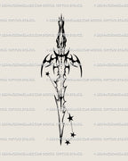 Aries constellation sword tattoo design with star cluster and butterfly near the blade, minimalist celestial dagger artwork.