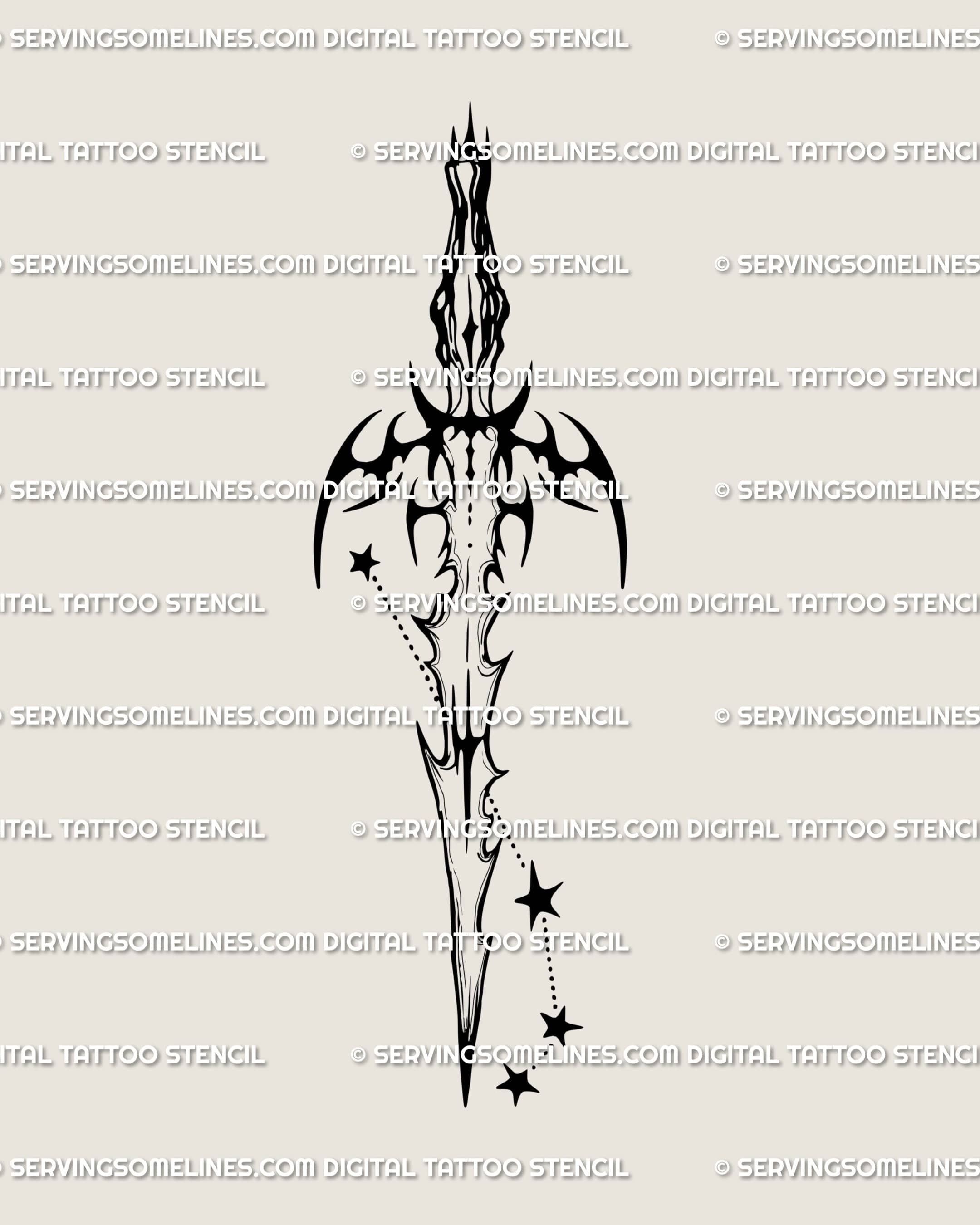 Aries constellation sword tattoo design with star cluster and butterfly near the blade, minimalist celestial dagger artwork.
