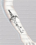 Aries constellation sword tattoo placed on the forearm, fine-line zodiac dagger design with cyber-tribal and celestial star details.