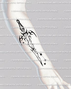 Aries constellation sword tattoo placed on the forearm, fine-line zodiac dagger design with cyber-tribal and celestial star details.