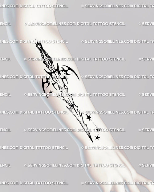 Aries constellation sword tattoo placed on the forearm, fine-line zodiac dagger design with cyber-tribal and celestial star details.