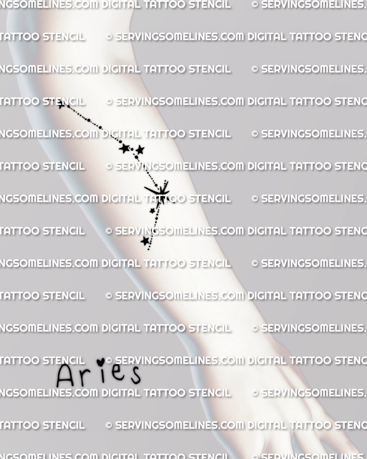 Aries constellation tattoo stencil displayed on forearm placement example, small star path linework that stays readable when resized