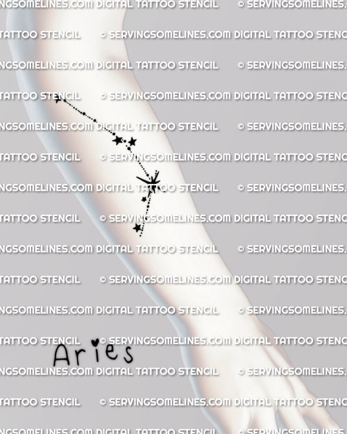 Aries constellation tattoo stencil displayed on forearm placement example, small star path linework that stays readable when resized