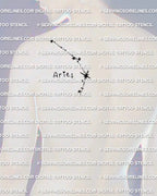 Men’s back shoulder placement example for Aries constellation tattoo stencil, minimal star path with starburst point and dotted trail