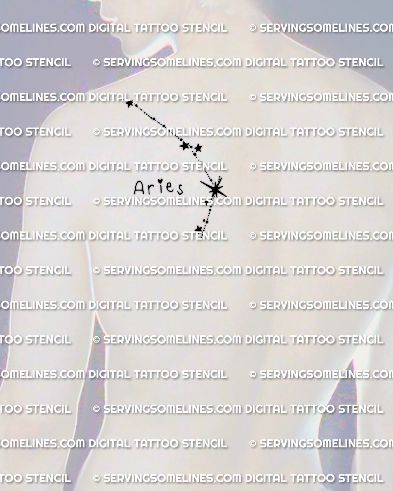 Men’s back shoulder placement example for Aries constellation tattoo stencil, minimal star path with starburst point and dotted trail