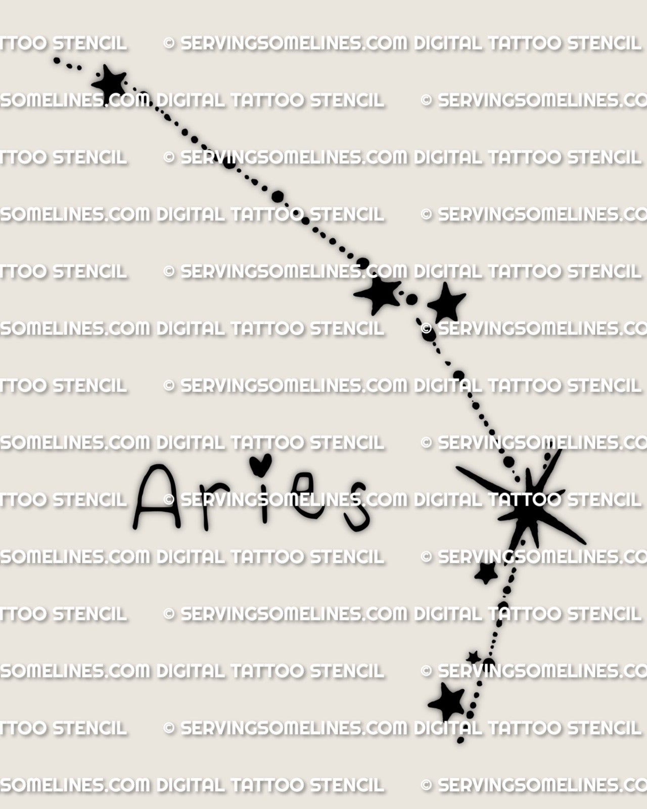 Aries constellation tattoo stencil design, minimal dotted star path with bold starburst, digital download for tattoo stencil printing