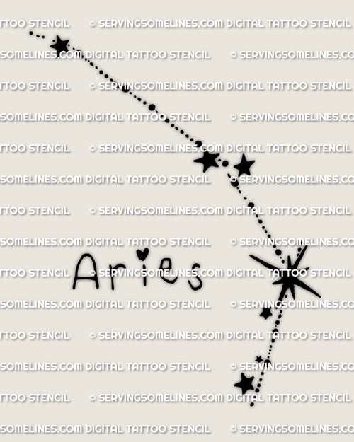 Aries constellation tattoo stencil design, minimal dotted star path with bold starburst, digital download for tattoo stencil printing