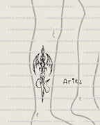 Cyber-tribal Aries sword tattoo shown on leg placement, gothic zodiac blade with wings and fire energy, dark fantasy blackwork design