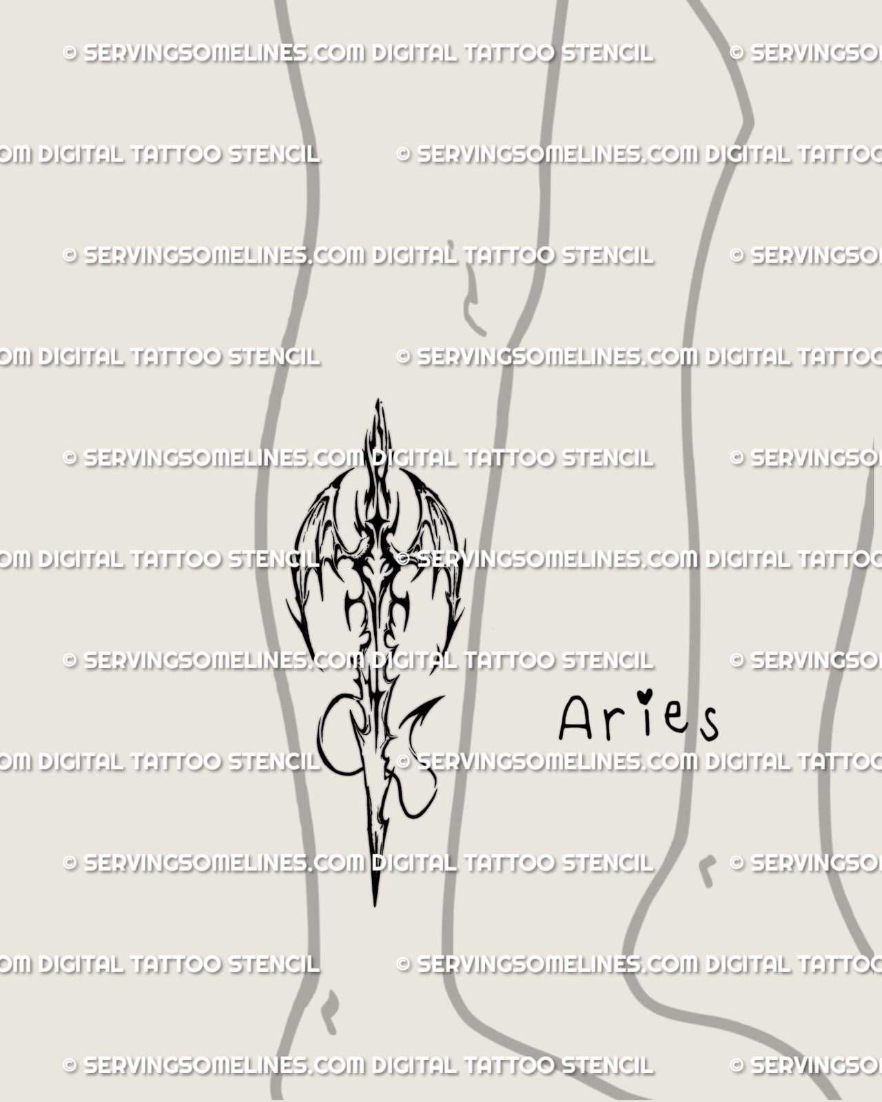 Cyber-tribal Aries sword tattoo shown on leg placement, gothic zodiac blade with wings and fire energy, dark fantasy blackwork design