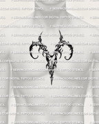 Aries zodiac tattoo stencil shown on mens chest center placement, ram skull emblem in blackwork, instant digital download 