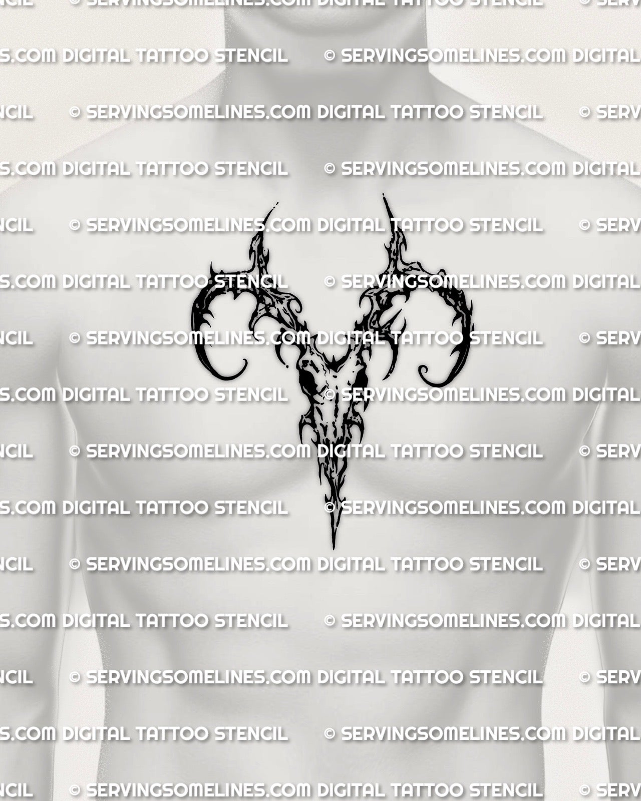 Aries zodiac tattoo stencil shown on mens chest center placement, ram skull emblem in blackwork, instant digital download 