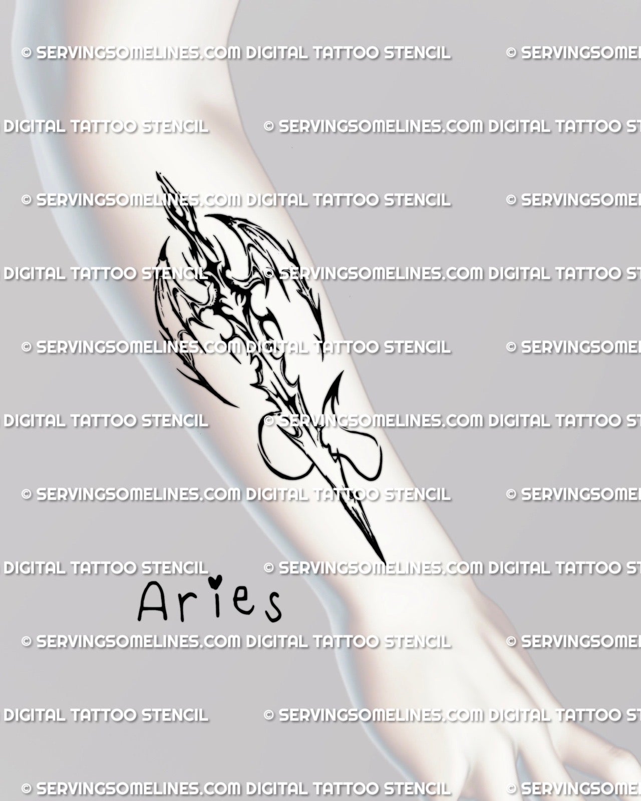 Aries sword tattoo displayed on forearm, cyber-tribal gothic design with wings and spikes, bold zodiac stencil for men and women