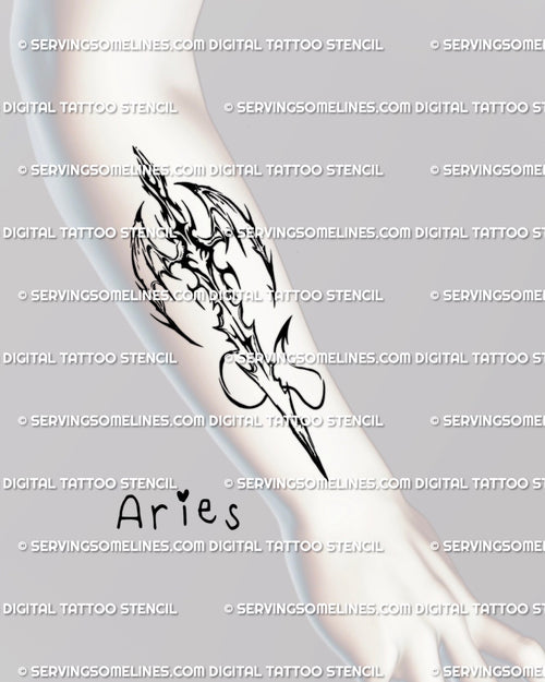 Aries sword tattoo displayed on forearm, cyber-tribal gothic design with wings and spikes, bold zodiac stencil for men and women