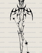 Close-up of Aries sword tattoo, showing intricate blade stars and cyber-tribal dagger handle details in fine-line art.