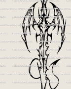 Aries sword tattoo stencil digital download, cyber-tribal gothic sword with winged details, blackwork zodiac design for spine or chest