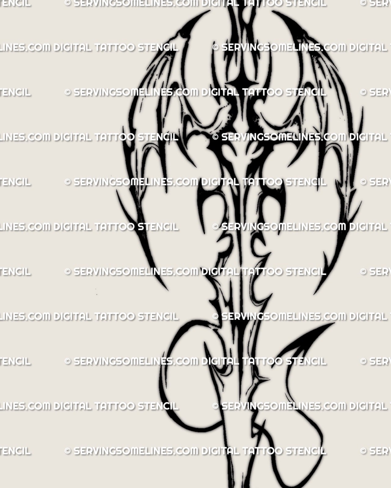 Aries sword tattoo stencil digital download, cyber-tribal gothic sword with winged details, blackwork zodiac design for spine or chest