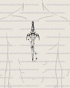 Mens chest center placement example for Aries sword tattoo stencil, zodiac blade reads strong and clean