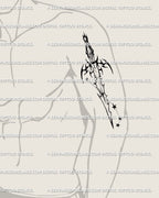 Mens upper arm placement example for Aries sword tattoo stencil, zodiac blade scales well at medium size