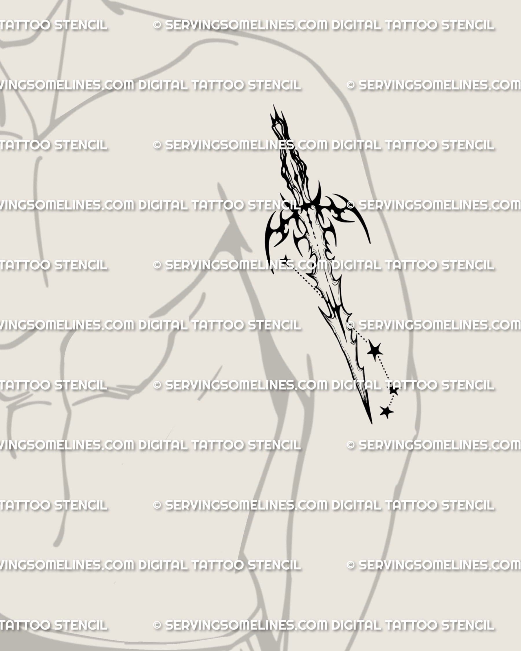 Mens upper arm placement example for Aries sword tattoo stencil, zodiac blade scales well at medium size