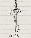 Aries zodiac sword tattoo stencil design, clean blade silhouette with star mapping accent and sharp linework