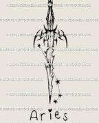 Aries zodiac sword tattoo stencil design, clean blade silhouette with star mapping accent and sharp linework