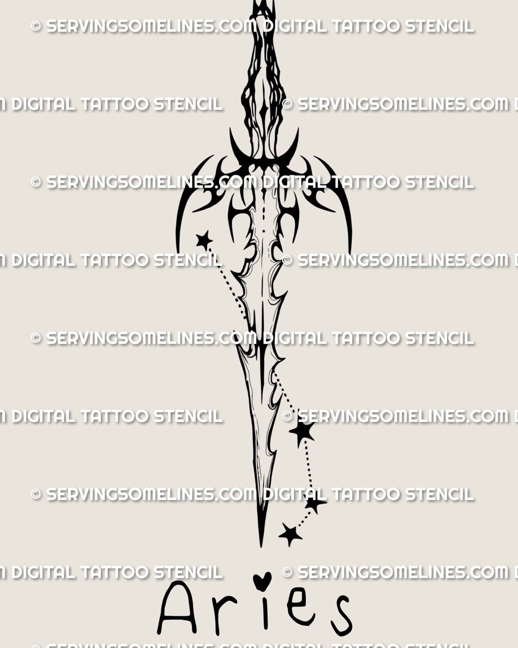 Aries zodiac sword tattoo stencil design, clean blade silhouette with star mapping accent and sharp linework