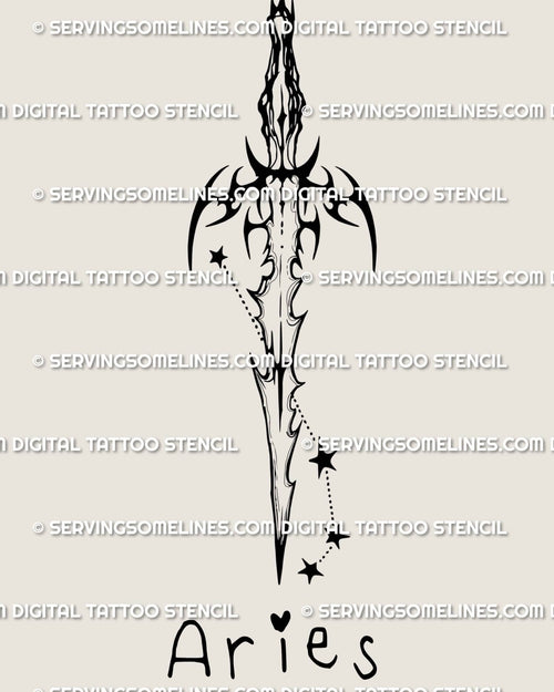 Aries zodiac sword tattoo stencil design, clean blade silhouette with star mapping accent and sharp linework