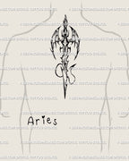 Aries sword tattoo displayed on upper back spine, neotribal gothic design with wings, symmetrical zodiac tattoo for strength