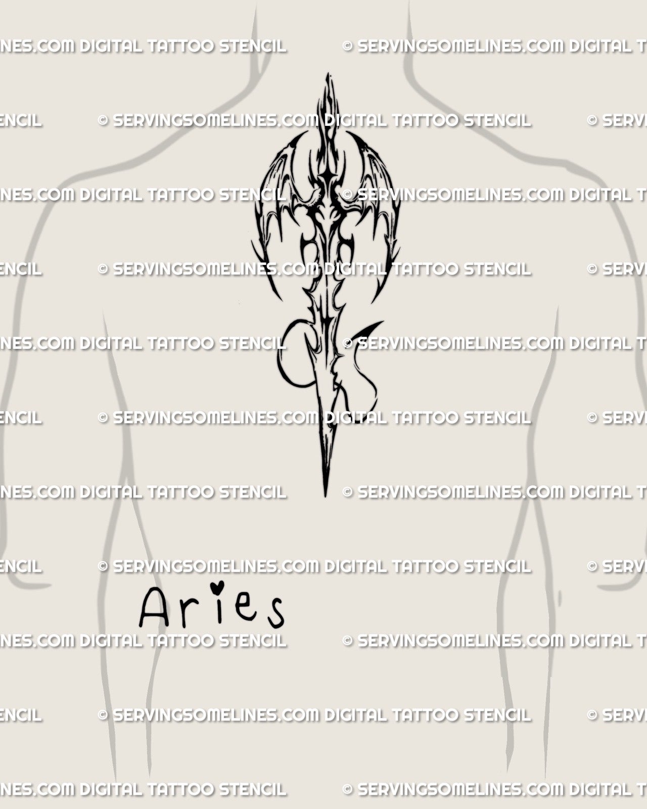 Aries sword tattoo displayed on upper back spine, neotribal gothic design with wings, symmetrical zodiac tattoo for strength
