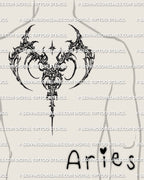 Aries symbol tattoo stencil displayed on men’s upper back center placement, high resolution download for transfer