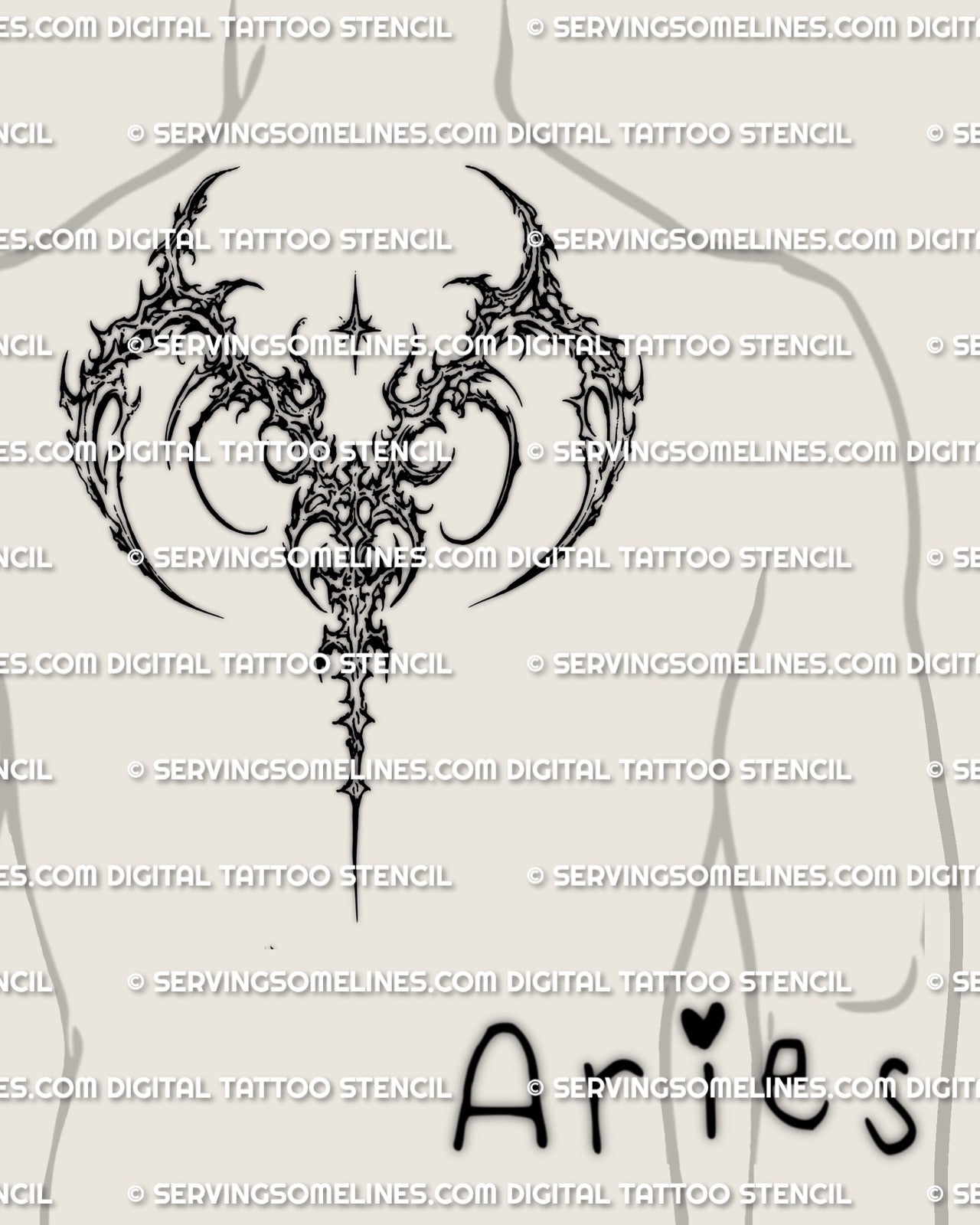 Aries symbol tattoo stencil displayed on men’s upper back center placement, high resolution download for transfer