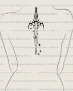 Aries zodiac cyber tattoo placed on upper back, a neotribal constellation sword symbolizing strength, freedom, and fire sign power.