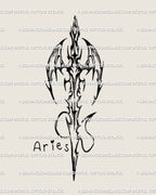 Aries zodiac cyber-tribal sword tattoo stencil with gothic wings and fire-element energy, digital blackwork line art for astrology tattoo lovers