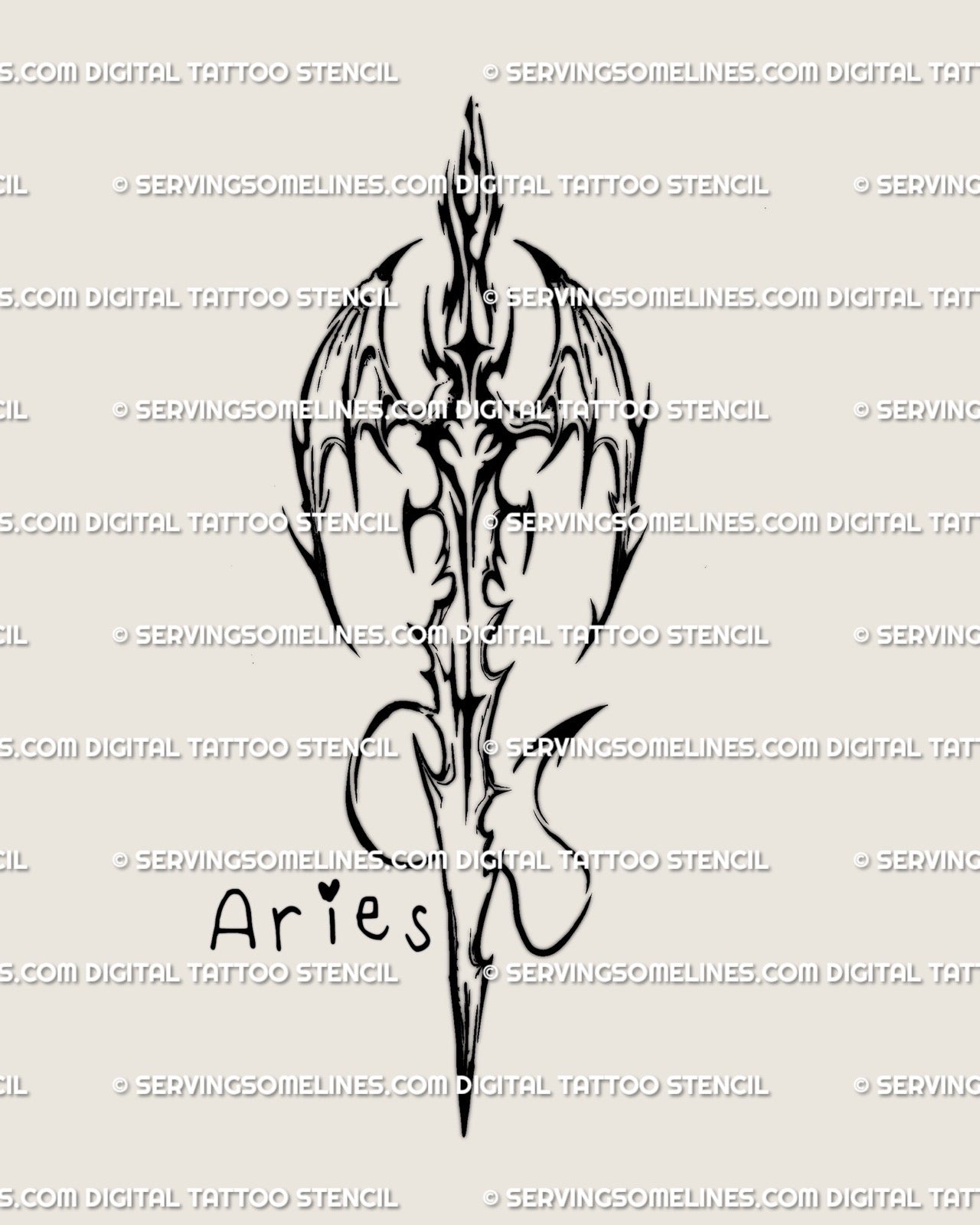 Aries zodiac cyber-tribal sword tattoo stencil with gothic wings and fire-element energy, digital blackwork line art for astrology tattoo lovers