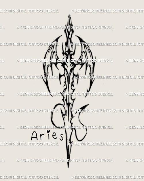 Aries zodiac cyber-tribal sword tattoo stencil with gothic wings and fire-element energy, digital blackwork line art for astrology tattoo lovers